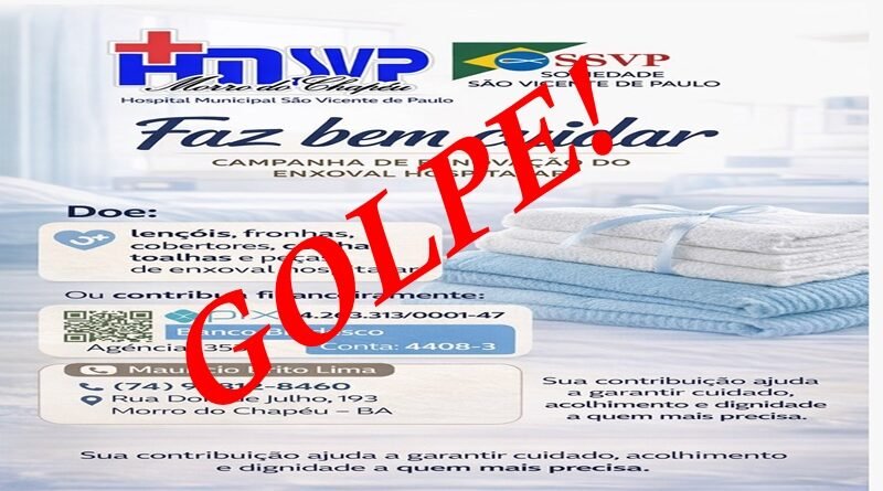 Tentativa de golpe usando o nome e dados do Hospital e Maternidade São Vicente de Paulo